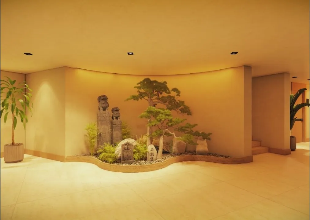 Zen bahçesi ve taş figürler — Batman spa merkezi inşaatı